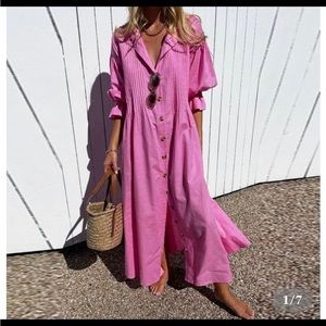 Pink puff sleeve button up maxi, size L NWT